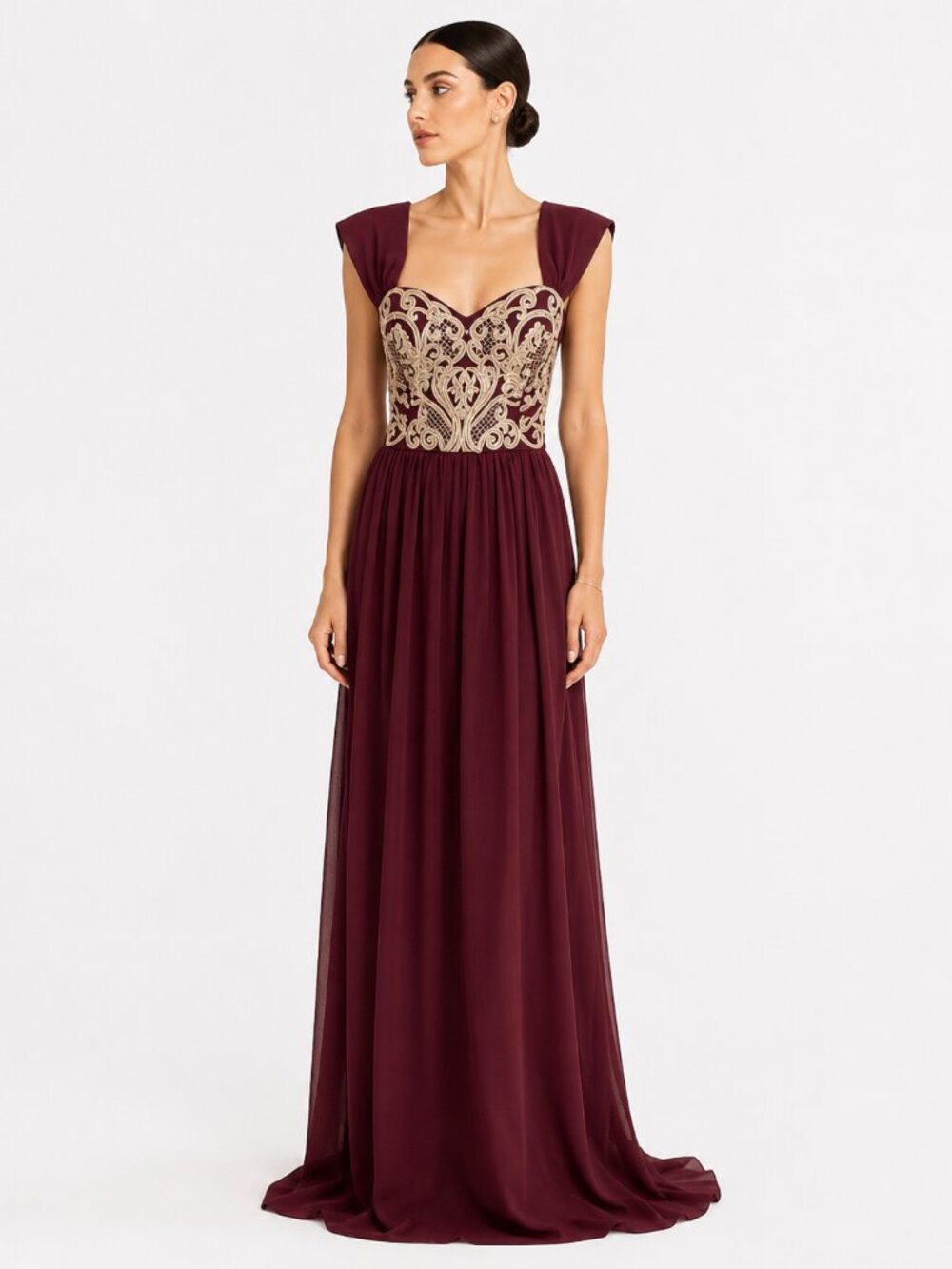 Soiéblu BURGUNDY CREAM BEADED CHIFFON CORSET FORMAL EVENING BALL GOWN DRESS